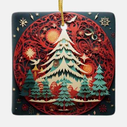 Papier Uitgesneden Kerstboom Keramisch Ornament (Voorkant)