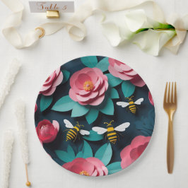 Papier uitgesneden roze camelia's en bijen marine papieren bordje