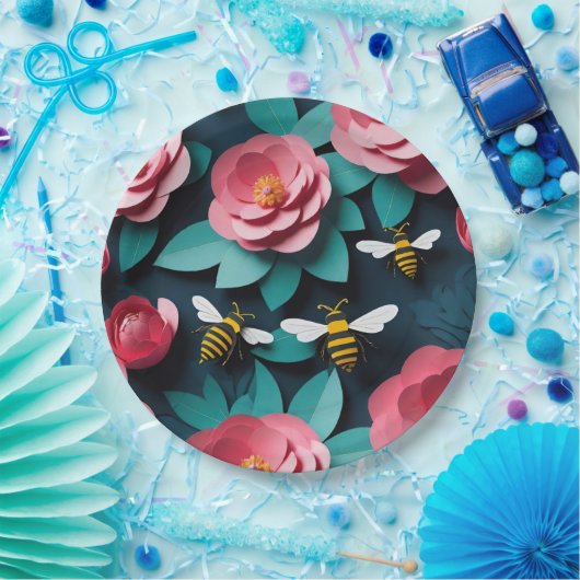 Papier uitgesneden roze camelia's en bijen marine  papieren bordje (Feest)