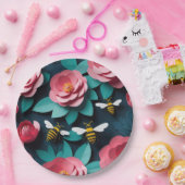 Papier uitgesneden roze camelia's en bijen marine papieren bordje (Feest)