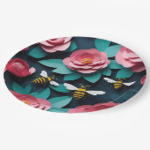 Papier uitgesneden roze camelia's en bijen marine papieren bordje (Gekanteld)