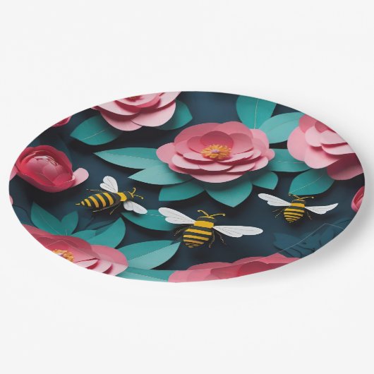Papier uitgesneden roze camelia's en bijen marine  papieren bordje (Gekanteld)