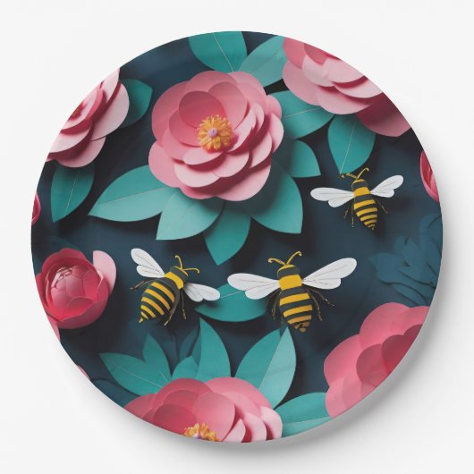 Papier uitgesneden roze camelia's en bijen marine  papieren bordje (Voorkant)