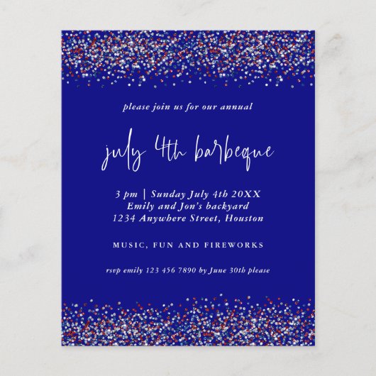 PAPIER | Uitnodiging Glitter Red Blue 4 juli BBQ Flyer (Voorkant)