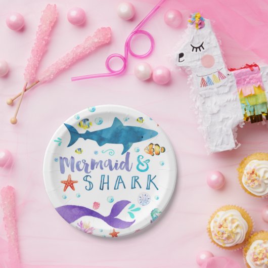 Papier van Mermaid and Shark verjaardagsfeestje bo Papieren Bordje (Feest)