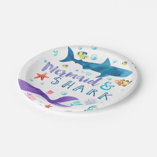 Papier van Mermaid and Shark verjaardagsfeestje bo Papieren Bordje (Gekanteld)