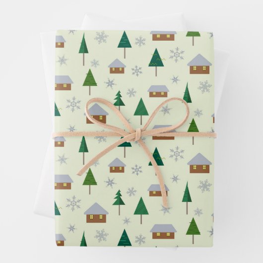 Papier verpakken met sparren en huizen inpakpapier vel (In situ)