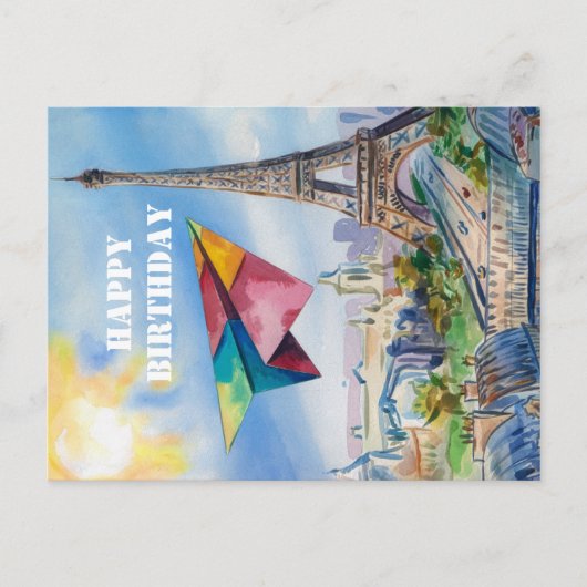 Papier Vliegtuig Vliegen in Parijs, Kleurrijk, Wat Briefkaart (Voorkant)