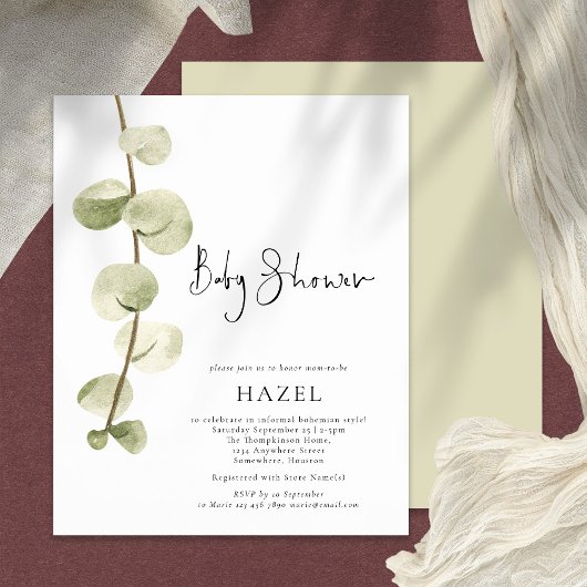 PAPIER | Waterverf Eucalyptus Script Baby shower Flyer