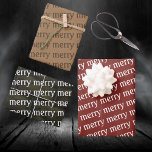 Papierbladen voor het invullen van smeedstukken inpakpapier vel<br><div class="desc">Merry Merry Merry,  in wit geschreven op de kerstomslag in drie vette,  vette kerstkleuren.</div>