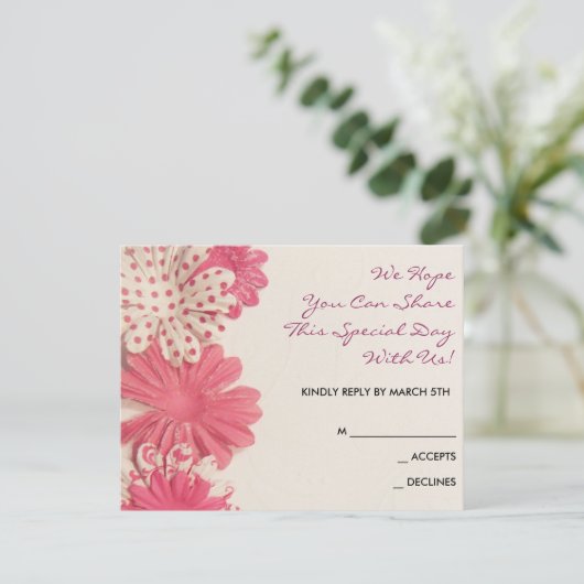 Papierbloemen Roze BBT Mitzvah Uitnodigingsantwoor RSVP Kaartje (Staand voorkant)