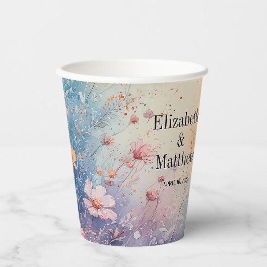 Papieren beker met Waterverf Bloemen + Namen + Dat (Voorkant)