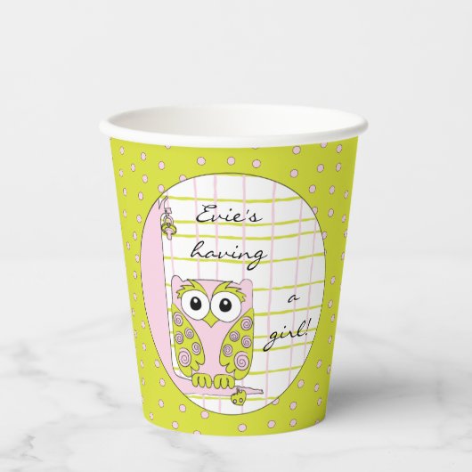 Papieren bekers "Roze/Groene Uil" 8 oz. (Voorkant)