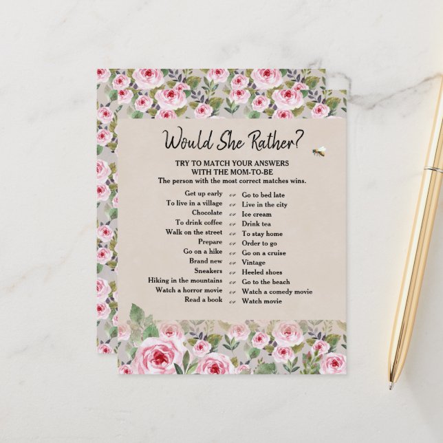 Papieren blad spel "Zou ze liever? (Voorkant / Achterkant in situ)