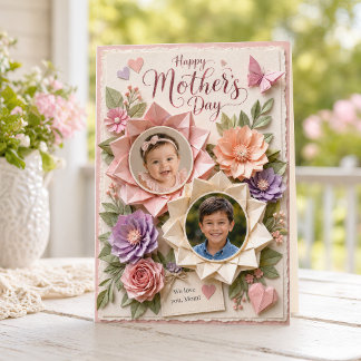 Papieren Bloem Twee Foto Moederdag Aandenken Kaart