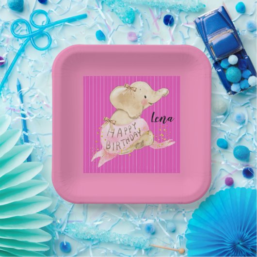 Papieren Bord-dag-olifant in roze Papieren Bordje (Feest)