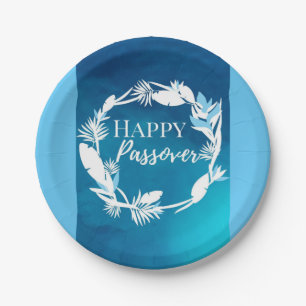 Papieren Bord Happy Passover Blue Brown Wreath Flo