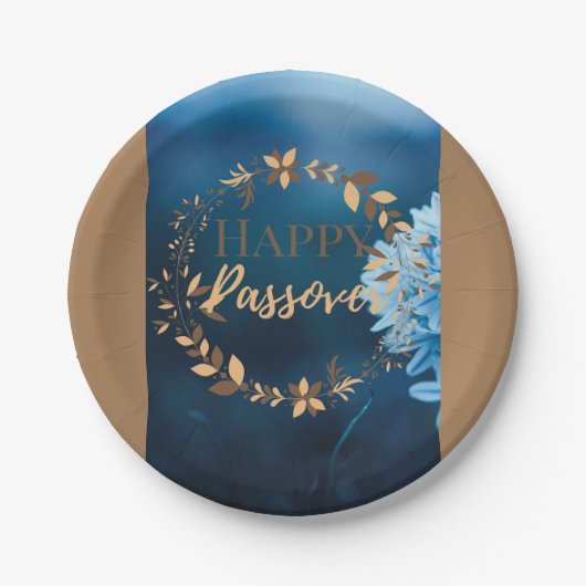 Papieren Bord Happy Passover Blue Brown Wreath Flo (Voorkant)