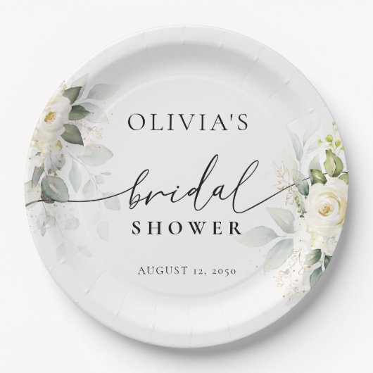 Papieren bord met groene witte rozen voor bruidsdo (Voorkant)