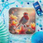 Papieren bord met oranje vogel en bloemen (Feest)