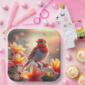 Papieren bord met oranje vogel en bloemen (Feest)