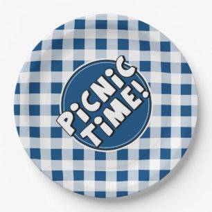 Papieren bord picknicktijd blauw geruit motief