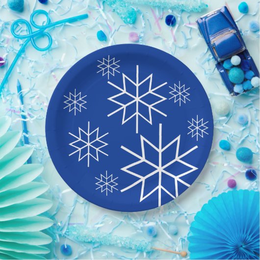 Papieren Bord - Witte sneeuwvlokken op blauw (Feest)