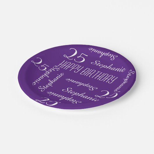 Papieren Borden, 25e Verjaardagsfeestnamen Paarse Papieren Bordje (Gekanteld)