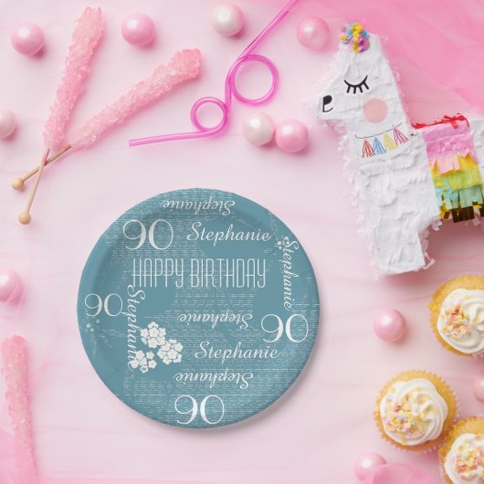 Papieren Borden, 90ste verjaardagsfeest Blauwe Blo Papieren Bordje (Feest)