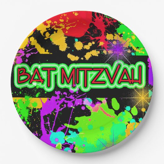Papieren Borden Bat Mitzvah Bright Neon Paint Bordje (Voorkant)