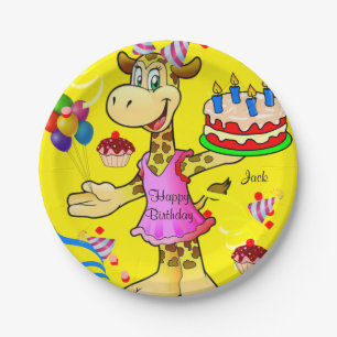 Papieren Borden, Giraffe Gele Happy Birthday Cake Bordje