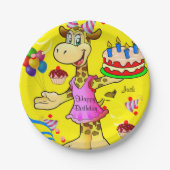 Papieren Borden, Giraffe Gele Happy Birthday Cake Papieren Bordje (Voorkant)