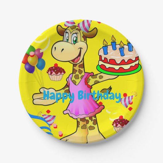 Papieren Borden, Giraffe Happy Birthday Cake Yello Bordje (Voorkant)