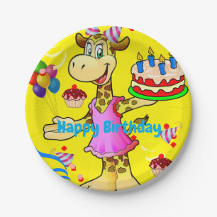 Papieren Borden, Giraffe Happy Birthday Cake Yello Papieren Bordje
