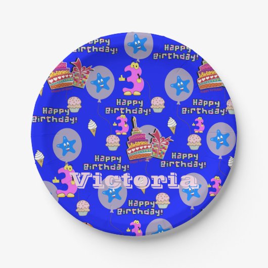 Papieren Borden, Happy 3rd Birthday #3 ballonnen Papieren Bordje (Voorkant)