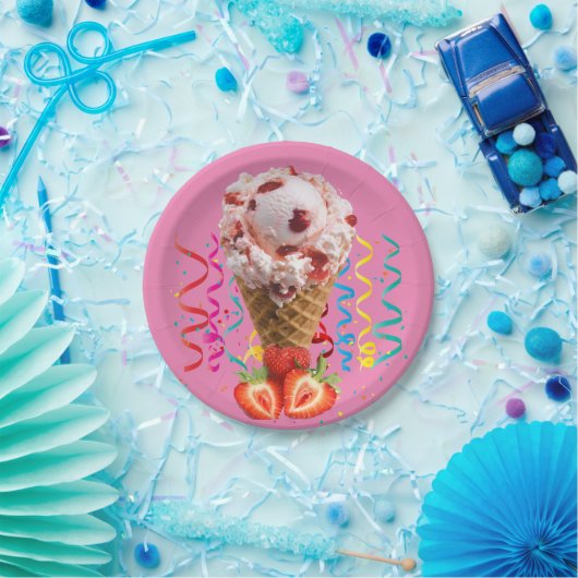 Papieren Borden, Happy Birthday-aardbei-ijs Papieren Bordje (Feest)