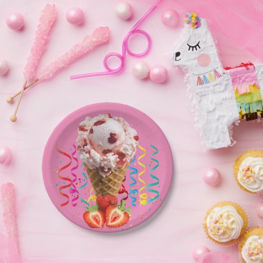 Papieren Borden, Happy Birthday-aardbei-ijs Papieren Bordje (Feest)
