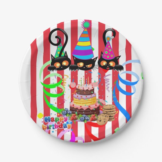 Papieren Borden, Happy Birthday Confetti Cats Cake Papieren Bordje (Voorkant)