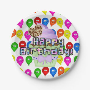 Papieren Borden, Happy Birthday Cupcake-ballonnen Bordje