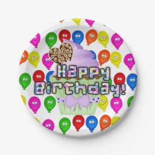Papieren Borden, Happy Birthday Cupcake-ballonnen Papieren Bordje
