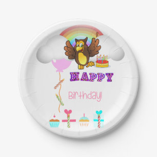 Papieren Borden, Happy Birthday Owl Rainbow Bordje