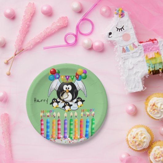 Papieren Borden, Happy Birthday Penguin Candles Papieren Bordje (Feest)