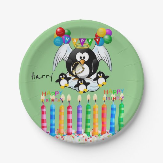 Papieren Borden, Happy Birthday Penguin Candles Papieren Bordje (Voorkant)