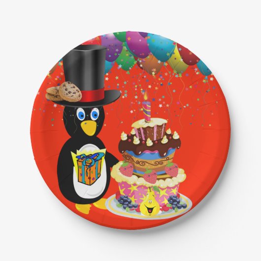 Papieren Borden, Happy Birthday Penguin Papieren Bordje (Voorkant)