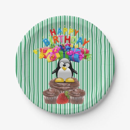Papieren Borden, Happy Birthday Penguin Stripe Papieren Bordje (Voorkant)