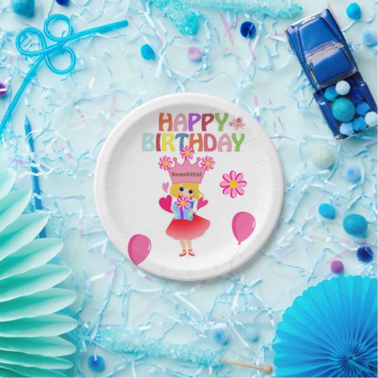 Papieren Borden, Happy Birthday Pink Princess Papieren Bordje (Feest)