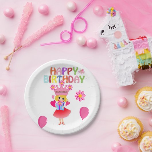 Papieren Borden, Happy Birthday Pink Princess Papieren Bordje (Feest)