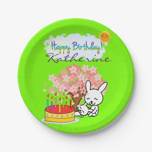 Papieren Borden, Happy Birthday Rabbit Cake Bordje (Voorkant)