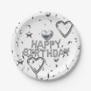 Papieren Borden, Happy Birthday Silver Hearts Bordje