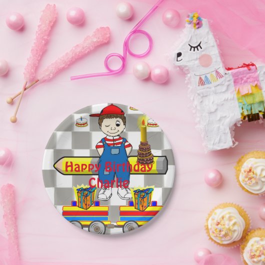Papieren Borden, Happy Birthday Trains Boy Papieren Bordje (Feest)